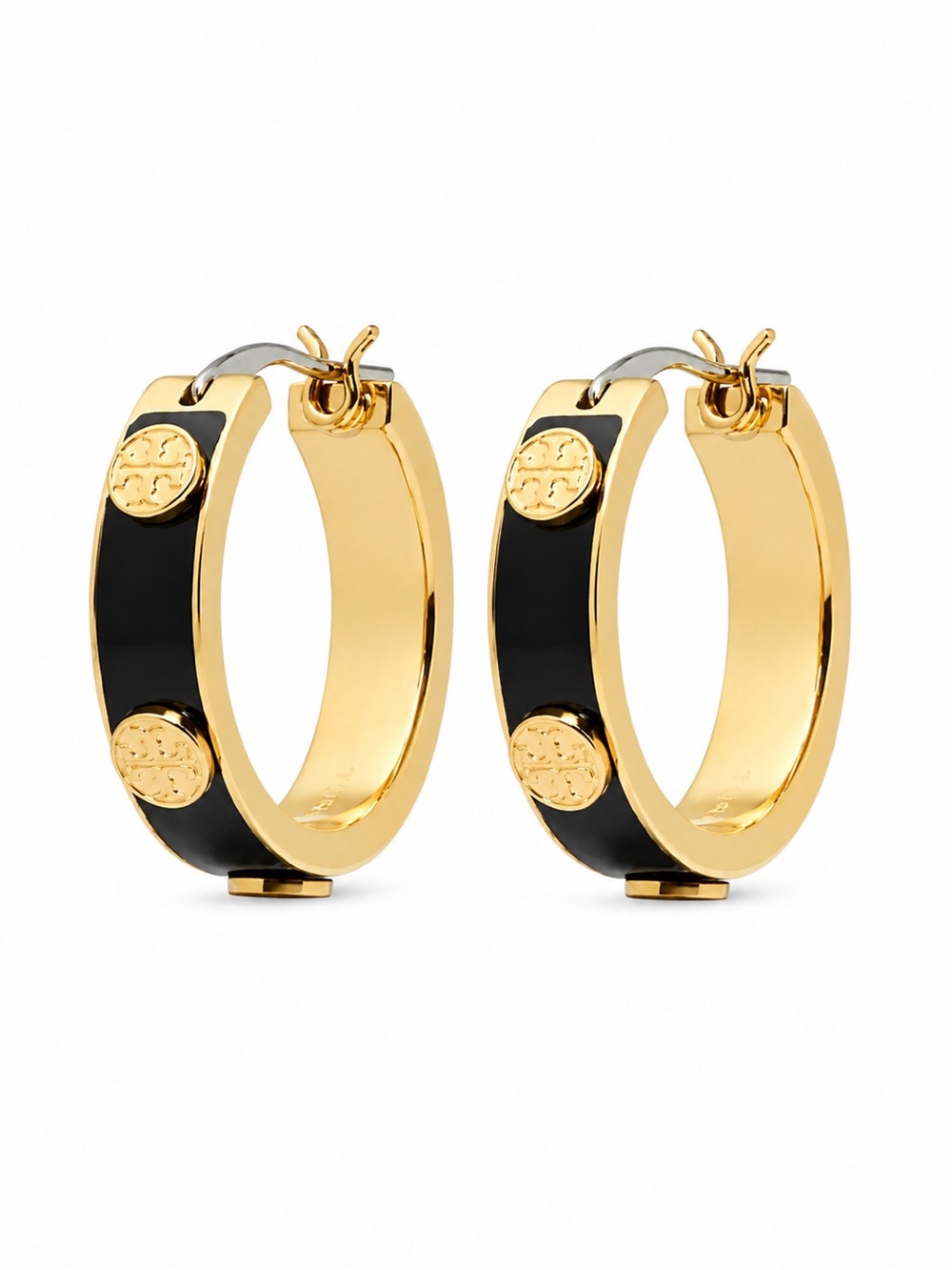 Tory Burch Miller Hoop Earrings Gold Tone Black Enamel Logo Hoop Earrings